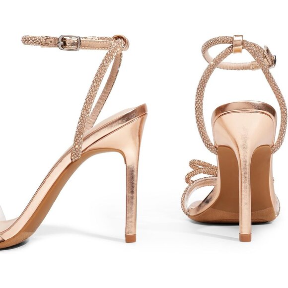 🆕 Women Gold Double Bowknots Crystal Sandals Clear Slingback Square Toe Heels - Picture 4 of 7